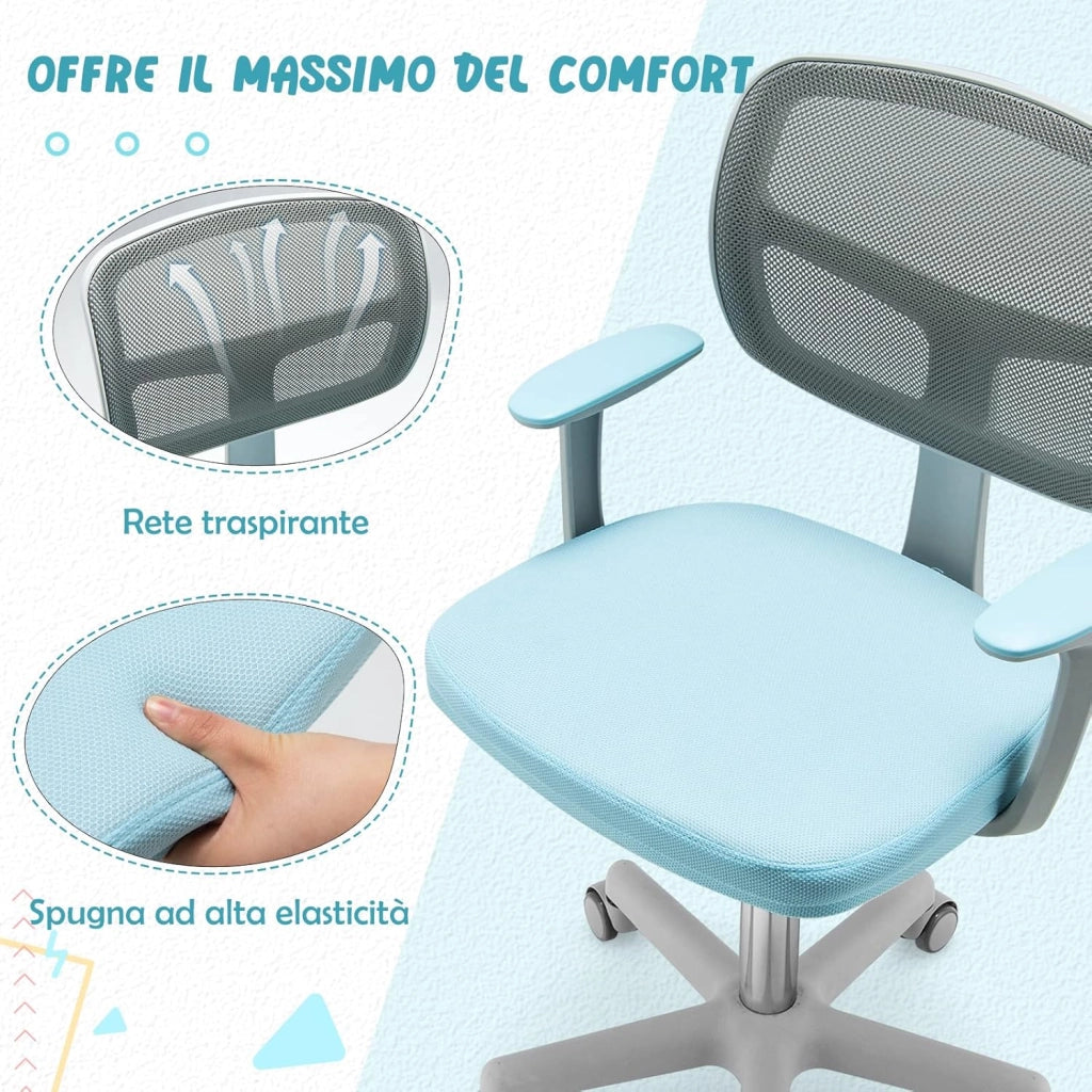Sedia per Scrivania per Bambini, Sedia per Computer per Bambini con Altezza Regolabile, Ruote con Freni, Sedile Girevole a Rete, Sedia Ergonomica per Bambini 3-10 Anni (Blu)