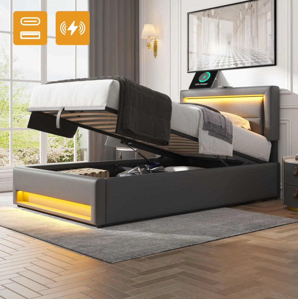 Letto imbottito con LED, ricarica USB e vano contenitore 90 x 190 cm grigio