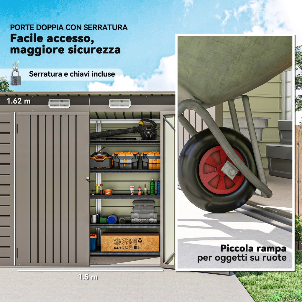 Capanno Porta Attrezzi con 2 Prese d'Aria e Chiavistello, in Acciaio, 249x121x183 cm, Grigio Chiaro