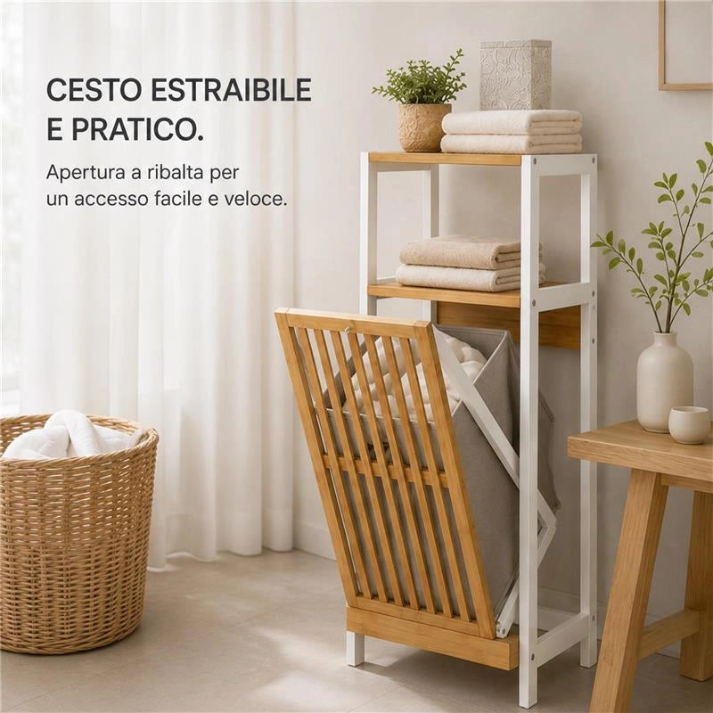 MOBILE DA BAGNO IN LEGNO CON ANTA E RIPIANO IN BAMBOO E PORTABIANCHERIA IN TESSUTO - COLORE BIANCO DIMENSIONI 36X33X98 CM