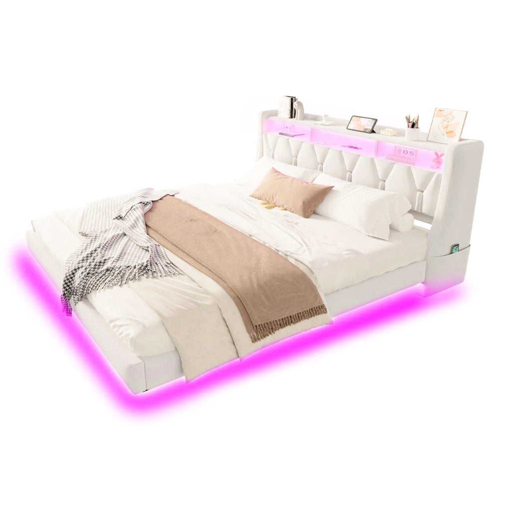 Letto imbottito 180x200 cm in velluto beige con LED; USB; Type-C e testiera ribaltabile