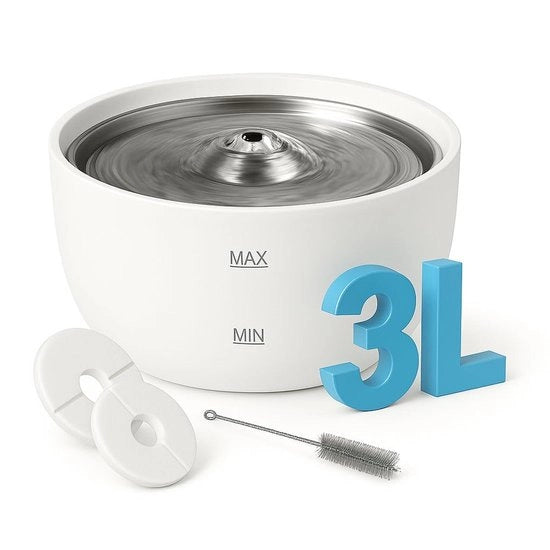 Dispensatore di acqua per gatti di 3 litri con coperchio in acciaio inossidabile – silenzioso dispensatore di acqua per gatti e cani di tutte le dimensioni – indicatore di livello d'acqua LED, resistente alla lavastoviglie – 2 filtri e spazzola inclusi