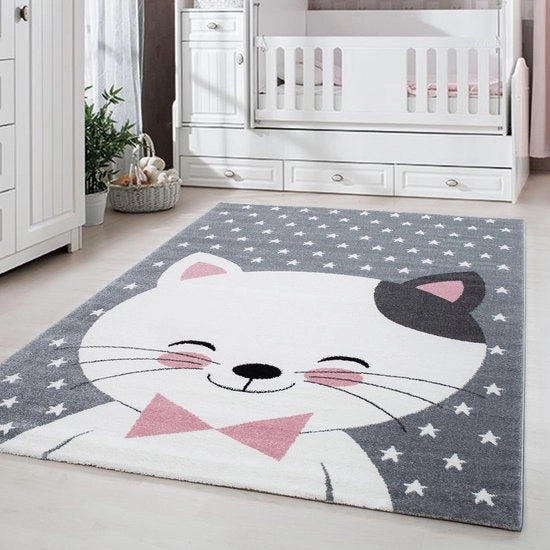 Tappeto per Bambini Rosso - Tappeto per Pavimento Quadrato - 80 x 150 cm - Disegno Gatti - 11 mm Altezza del Piscio - 100% Polipropilene