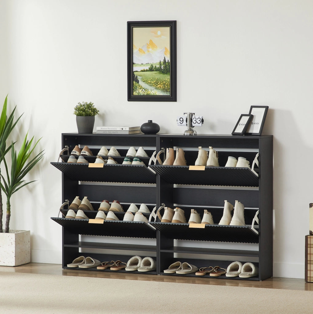 Scarpiera 80x24x102 cm in MDF nero con frontale scanalato， per ingresso