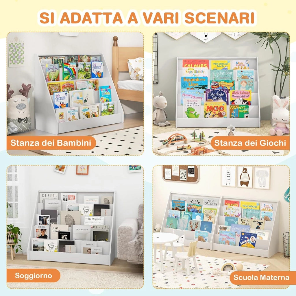 Libreria Montessoriana per Bambini a 5 Livelli, Scaffali Espositivi con Spazio Nascosto sul Retro e Antiribaltamento, per Cameretta, Soggiorno e Asilo Nido, 91 x 38 x 76,5 cm (Bianco)