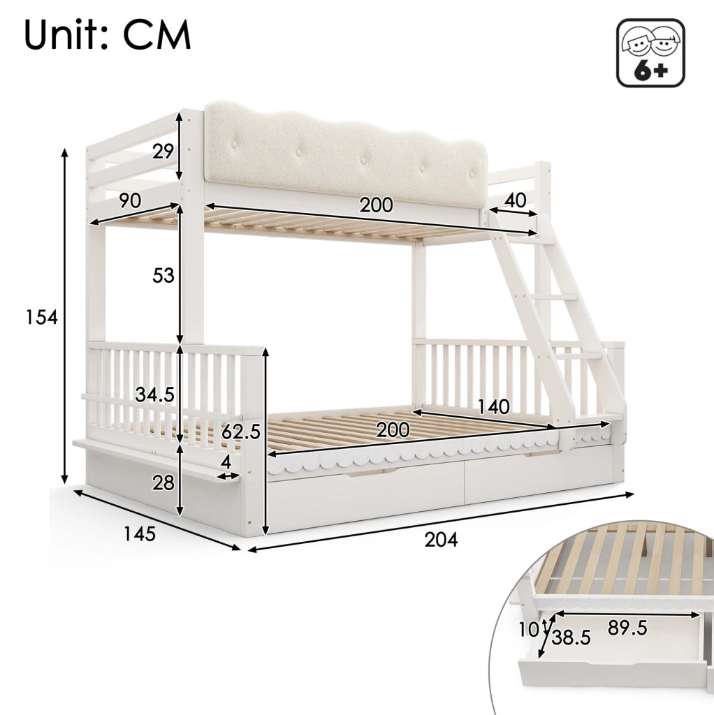 Letto a castello per bambini e adulti 90x200/140x200 cm in legno bianco con cassetti e portariviste