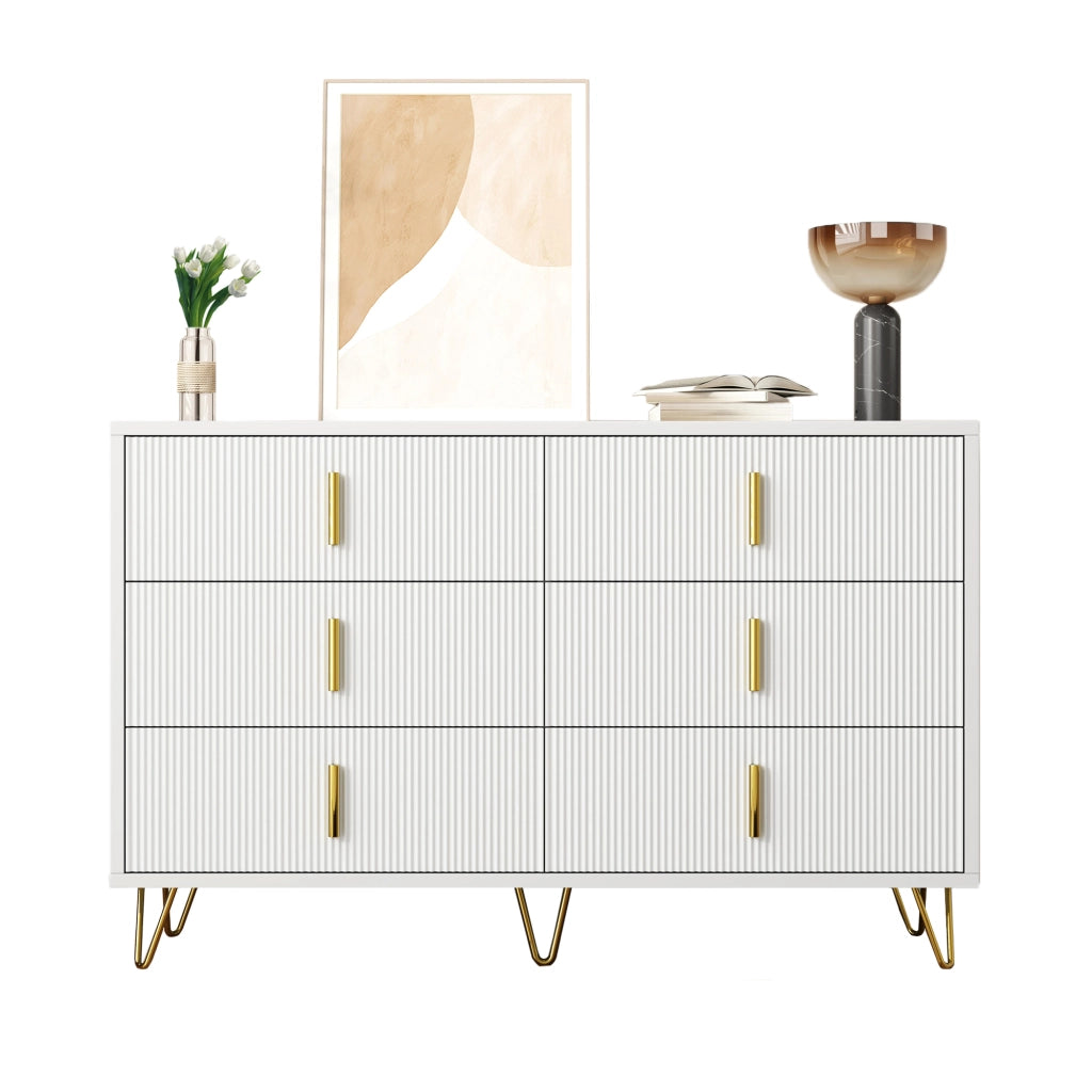 Credenza Moderna Bianca e Oro 120 cm Cassettiera 6 Cassetti con Maniglie Dorate e Piedini Alti