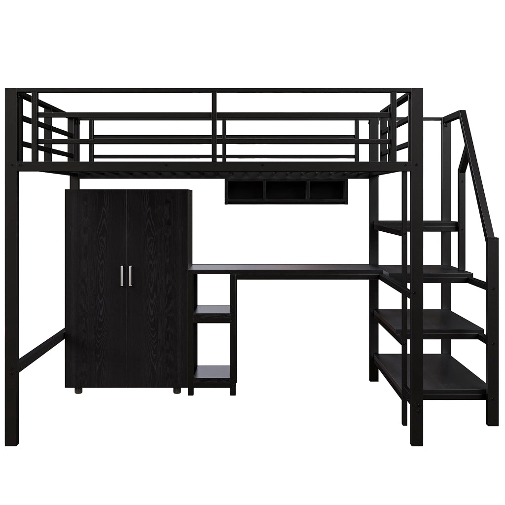 Letto a castello nero in metallo con scrivania armadio e scaffali 140x200 cm