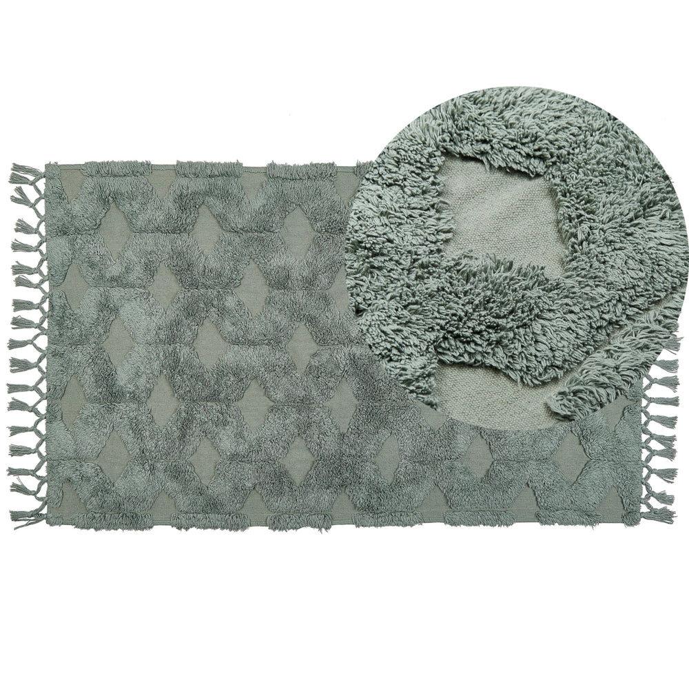 Tappeto cotone trapuntato verde con nappe 80 x 150 cm stile boho soggiorno