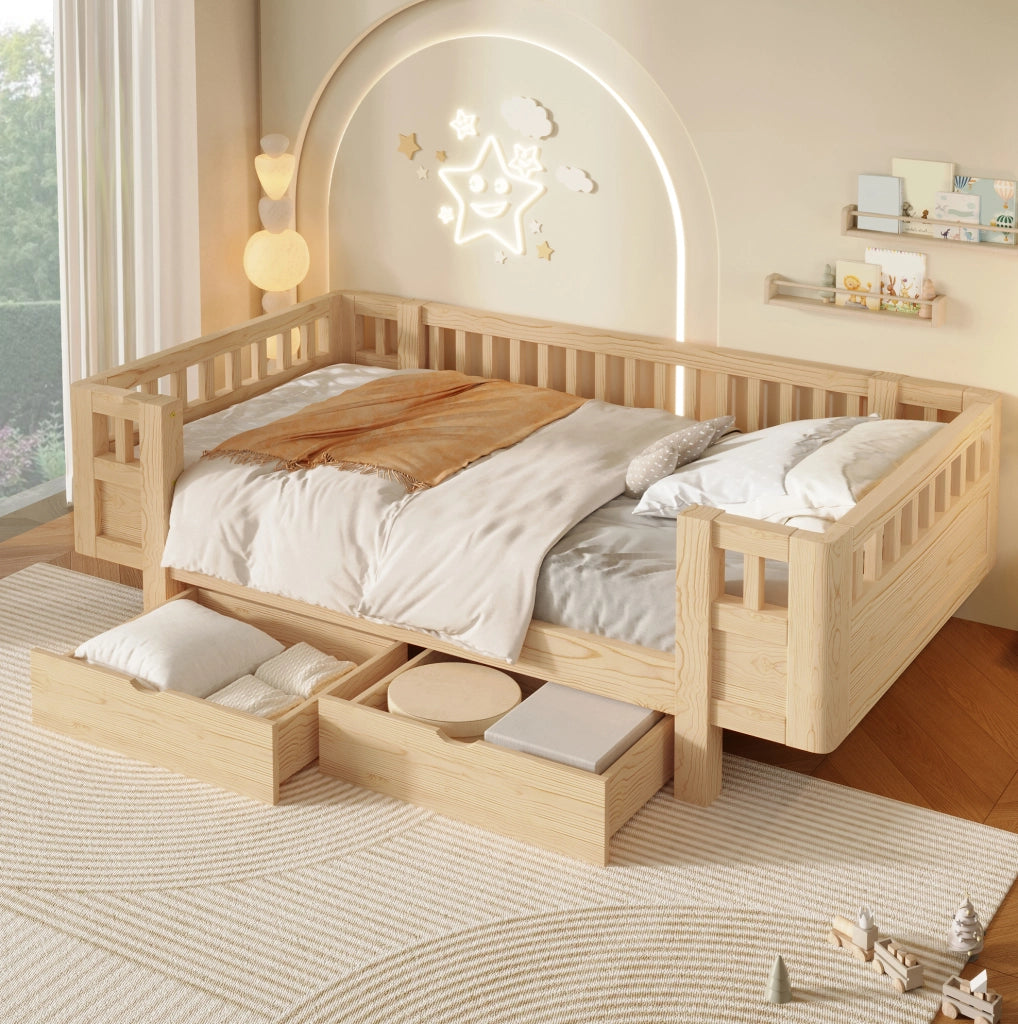 Letto singolo 90x200 in pino con sponde e 2 cassetti