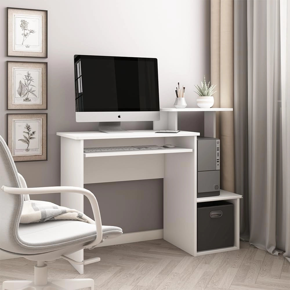 Scrivania con ripiani Karl, Bianco, 106 x 40 cm, con vani aperti e ripiano estraibile per tastiera