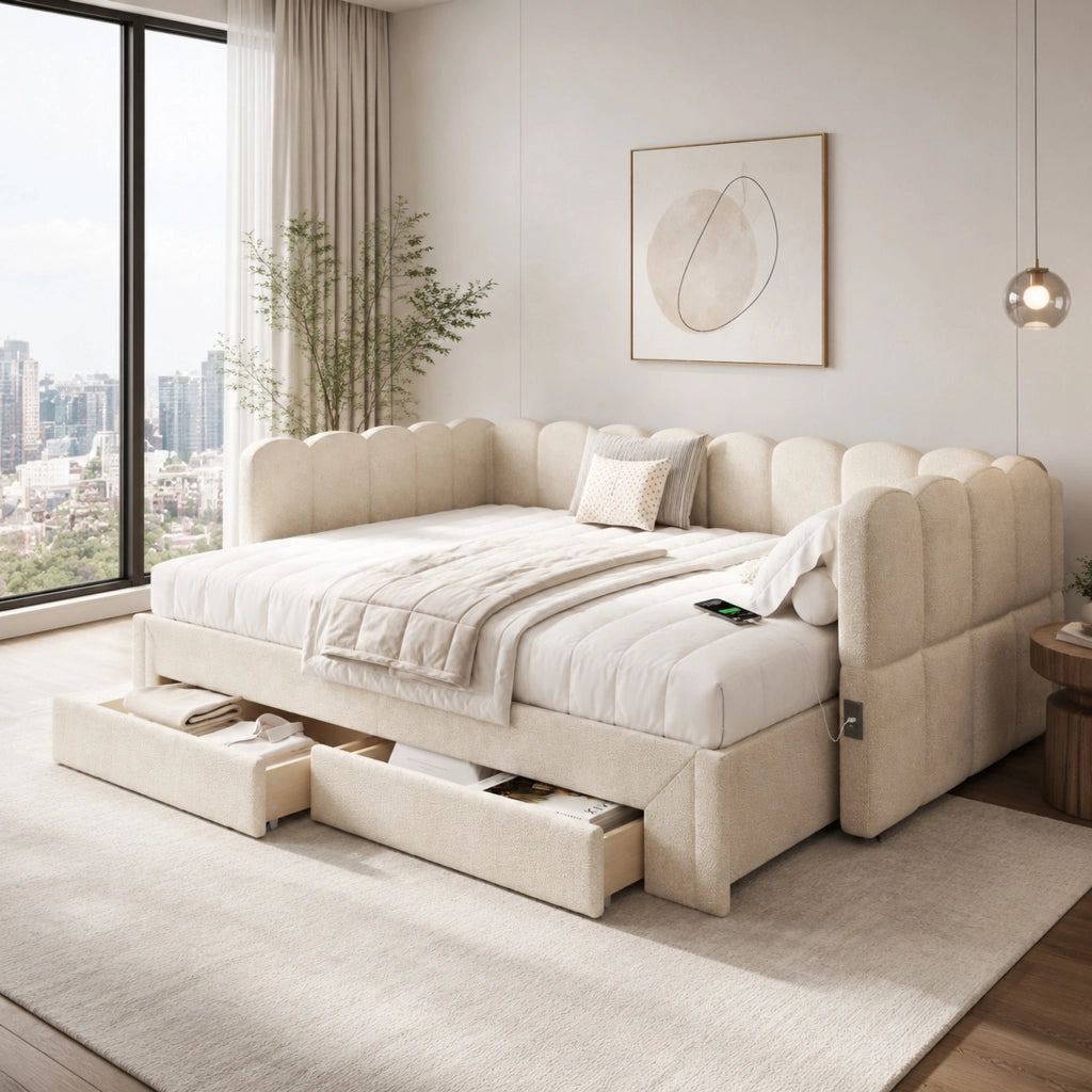 Daybett ausziehbar auf 180x200 cm mit 2 Schubladen; USB- und Typ-C-Anschluss; Chenille beige