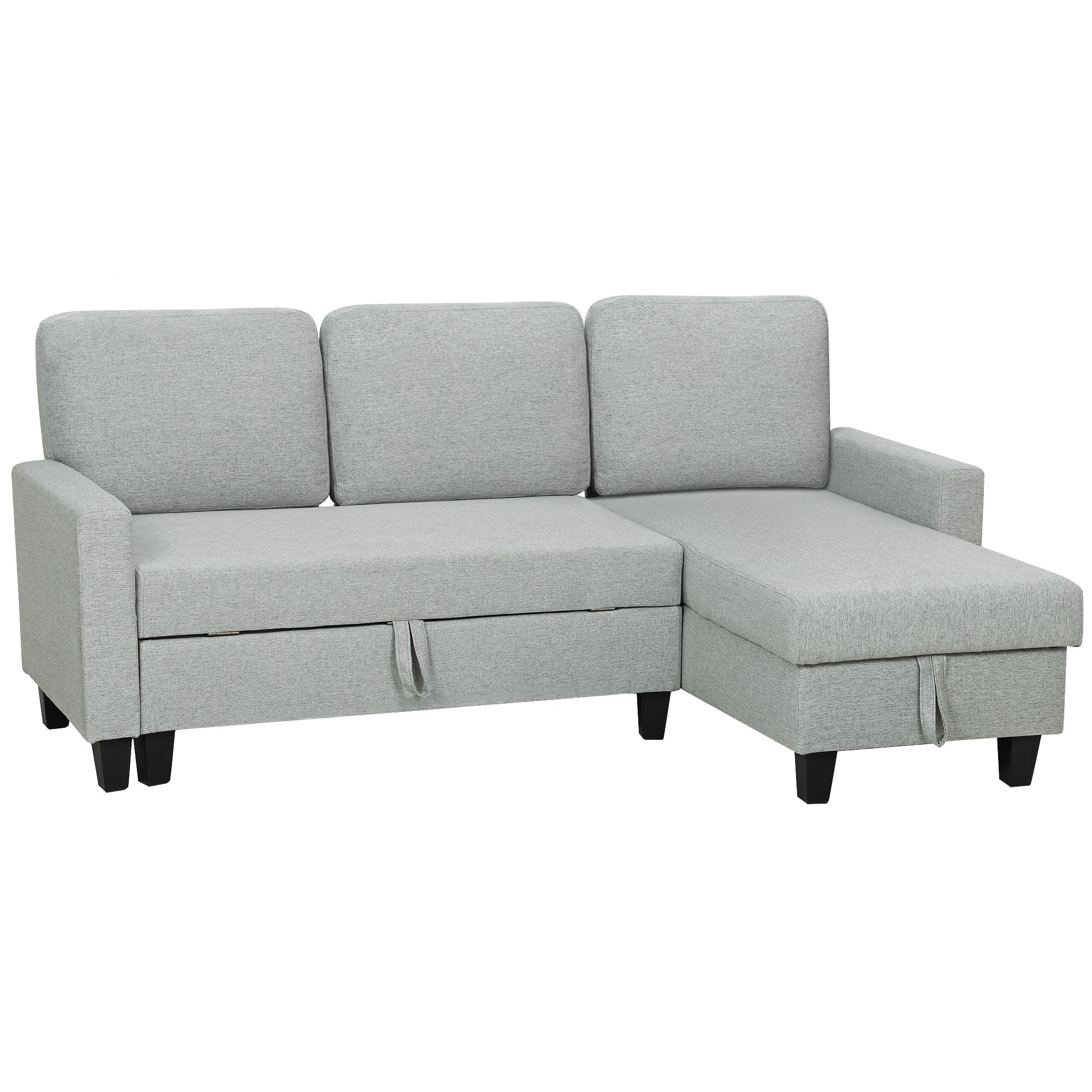 Divano Letto 3 Posti 197x129x85 cm con Chaise e Spazio Contenitore in Tessuto Effetto Lino Grigio e Nero