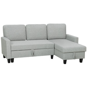 Divano Letto 3 Posti 197x129x85 cm con Chaise e Spazio Contenitore in Tessuto Effetto Lino Grigio e Nero