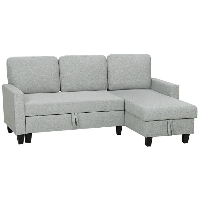 Divano Letto 3 Posti 197x129x85 cm con Chaise e Spazio Contenitore in Tessuto Effetto Lino Grigio e Nero