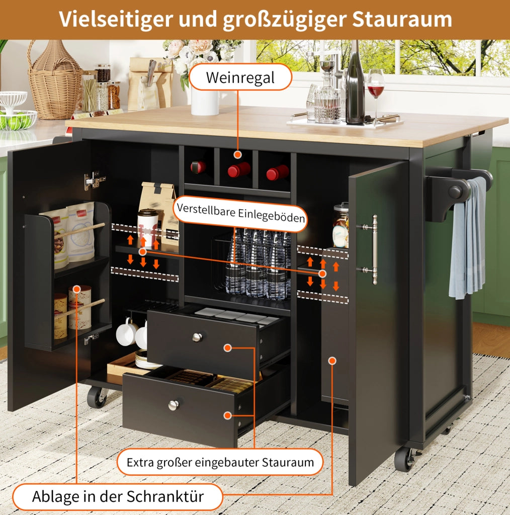 Isola da cucina mobile nera con piano ribaltabile e 5 ruote