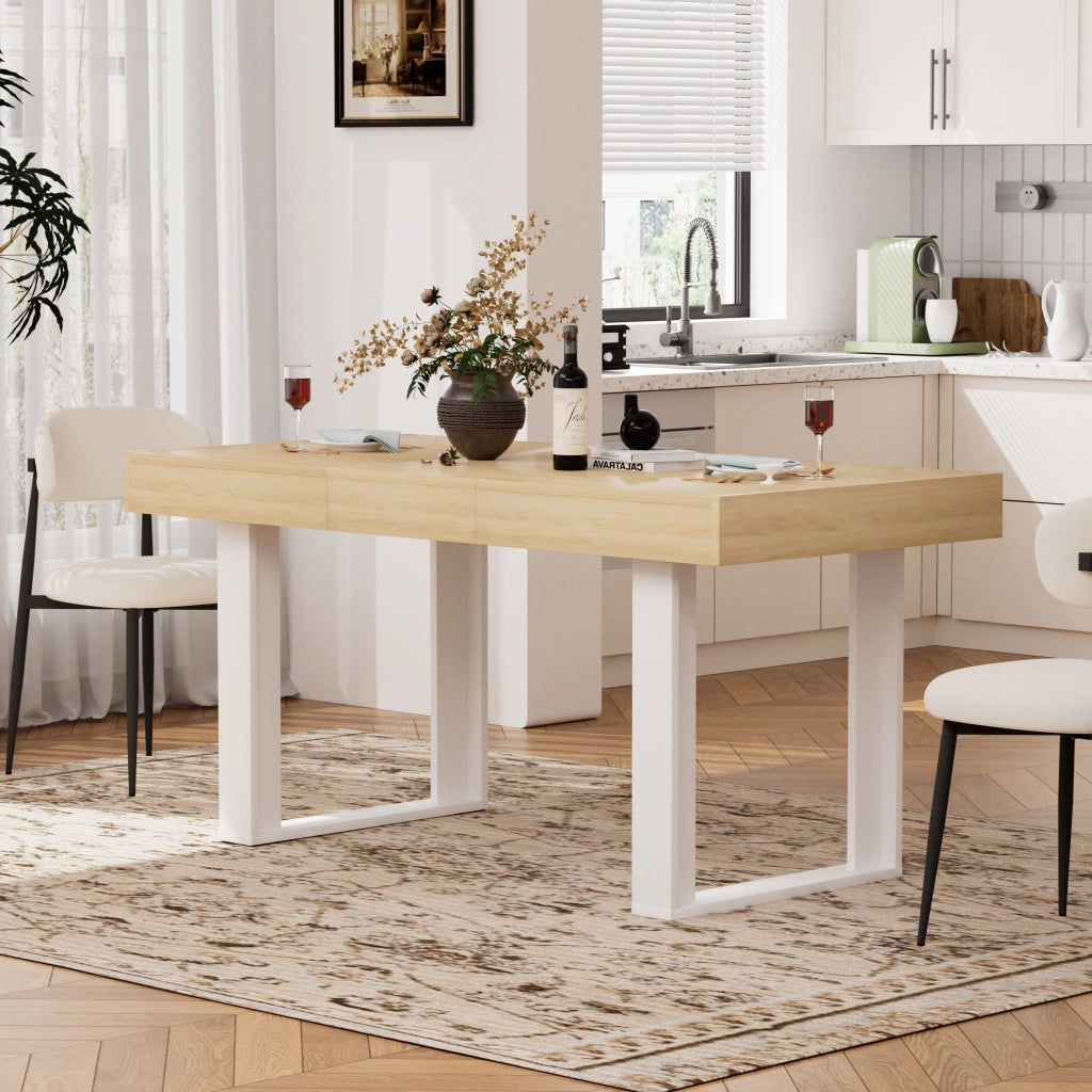 Tavolo allungabile per 8 persone con piano in truciolare, stile retrò, per cucina e sala da pranzo, naturale e bianco