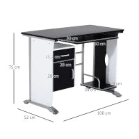 Scrivania per Computer con Ripiano, Cassetto e Armadietto, in MDF e Ferro, 100x52x75 cm, Bianca e Nera