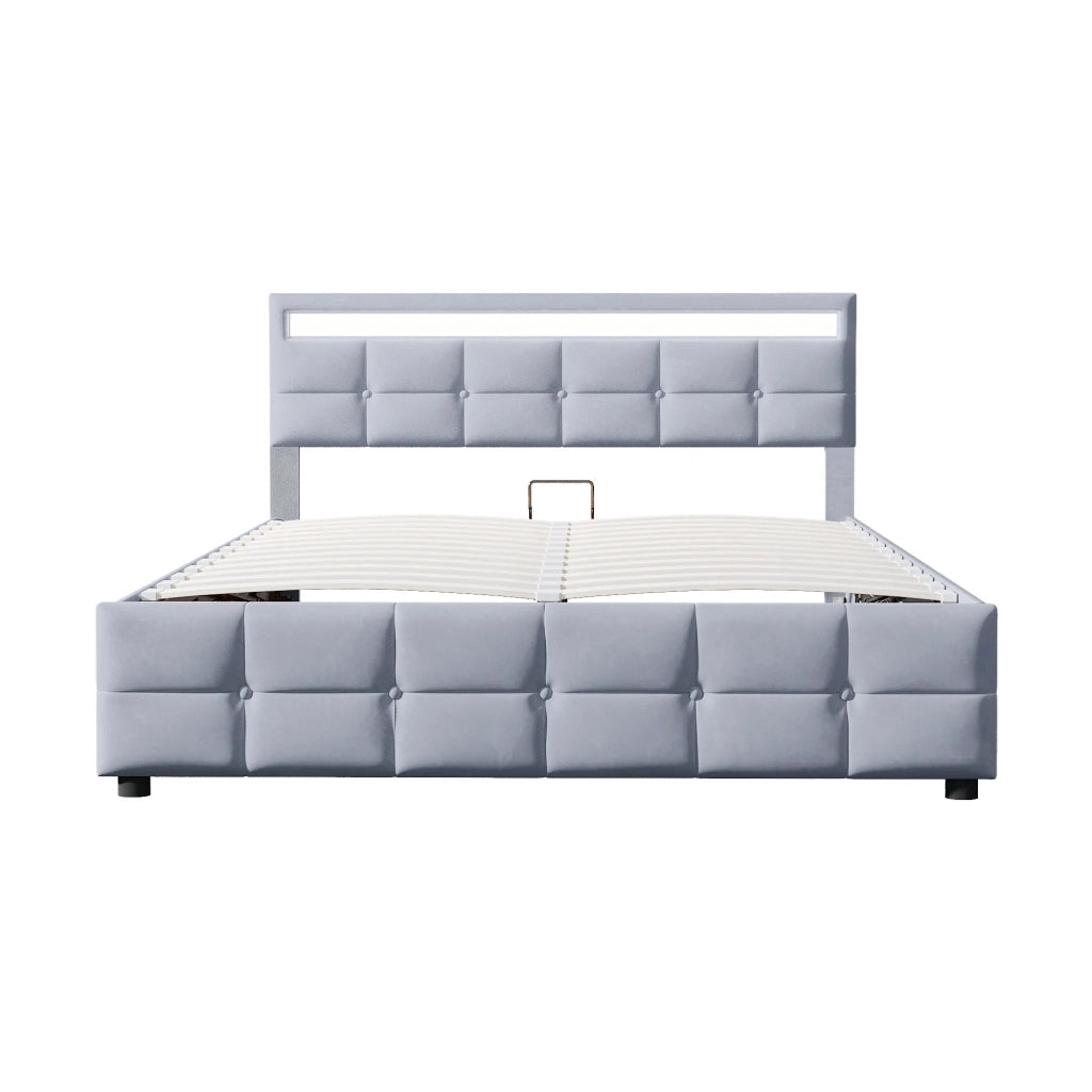 Letto matrimoniale contenitore 180x200 cm con LED; apertura idraulica; rivestimento in velluto grigio e rete