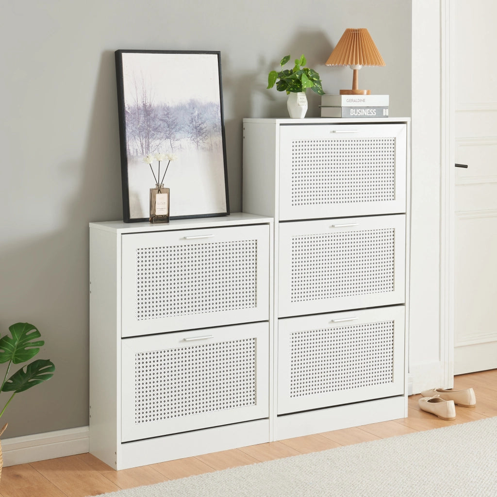 Scarpiera Vesilahti a 3 Contenitori Ribaltabili 115 x 60 x 24 cm - Effetto Rattan / Bianco [en.casa]