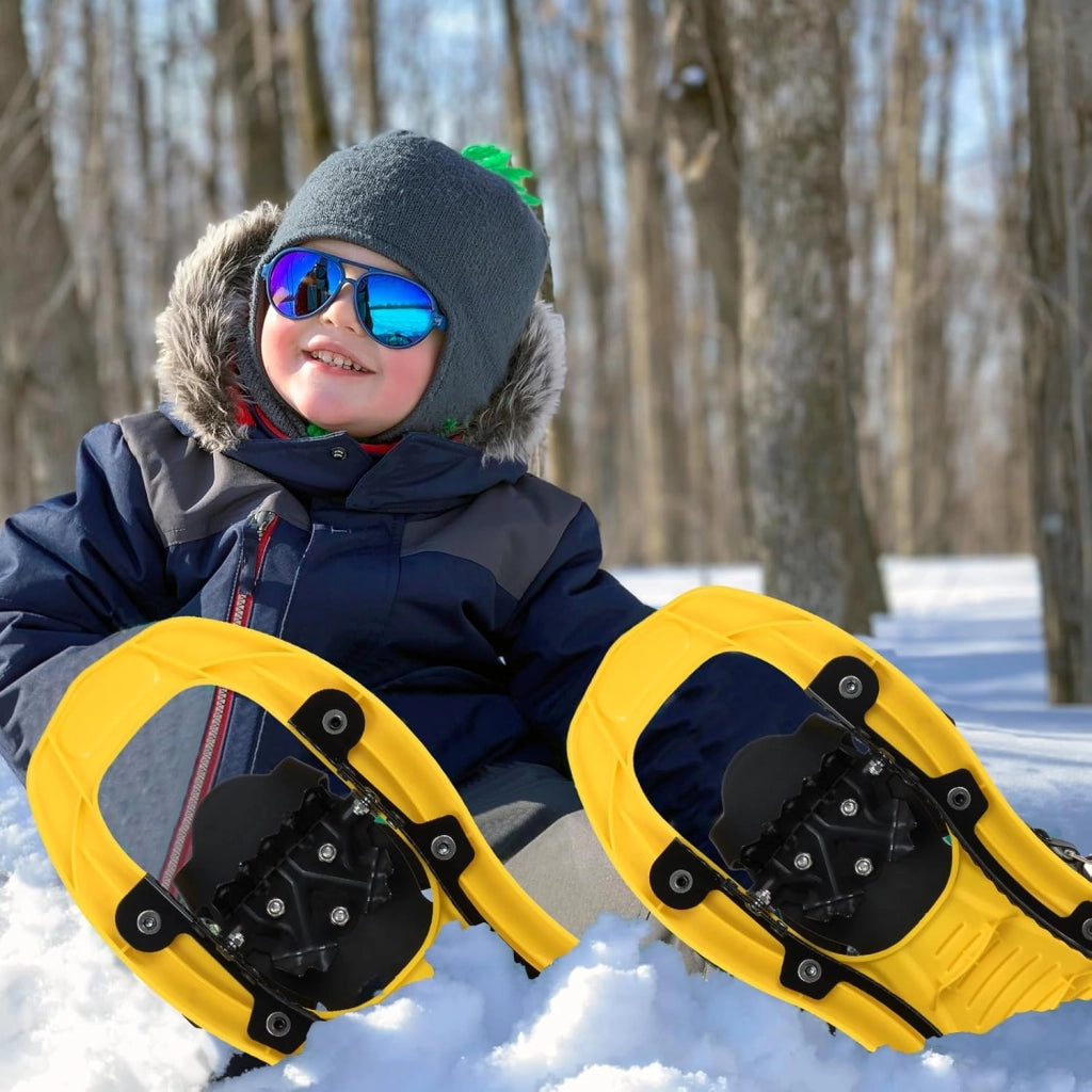 Racchette da Neve per Bambini 28-37, Bastoncini da Trekking Telescopici 51,5-100 cm con Punte in Tungsteno, Dischi Neve e Dischi Fango, Ciaspole da Neve con Legatura a Cricchetto e Borsa
