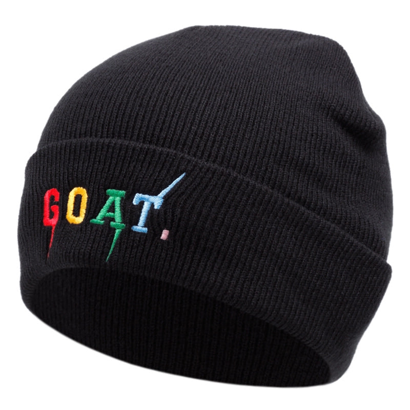 Cappelli invernali caldi lavorati a maglia con ricamo di capra, colore nero.