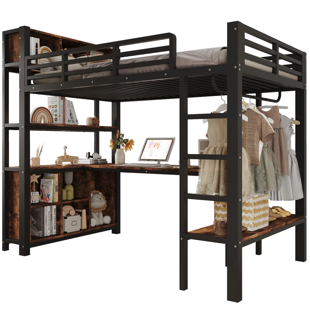 Letto a soppalco 90×200 cm nero con scrivania, appendiabiti e ripiani