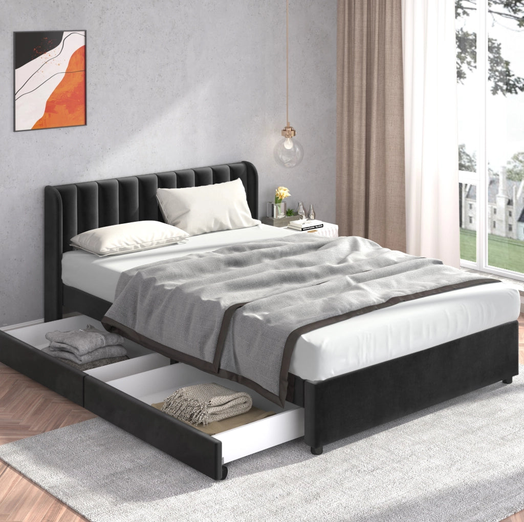 Letto imbottito in velluto nero 160 x 200 cm con 2 cassetti