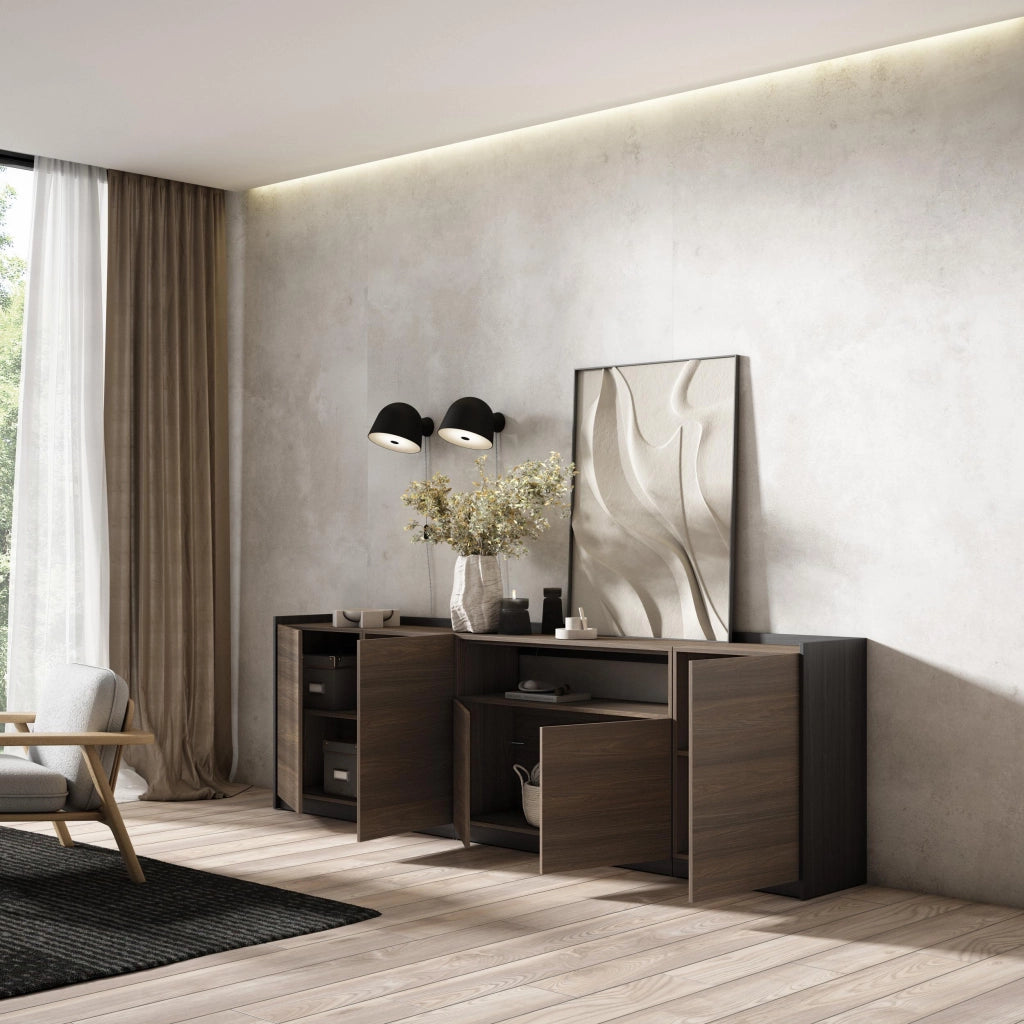 Credenza, Mobile, Cucina, 260x80x37 cm, 5 Porte, grande stoccaggio, Rovere scuro e Nero