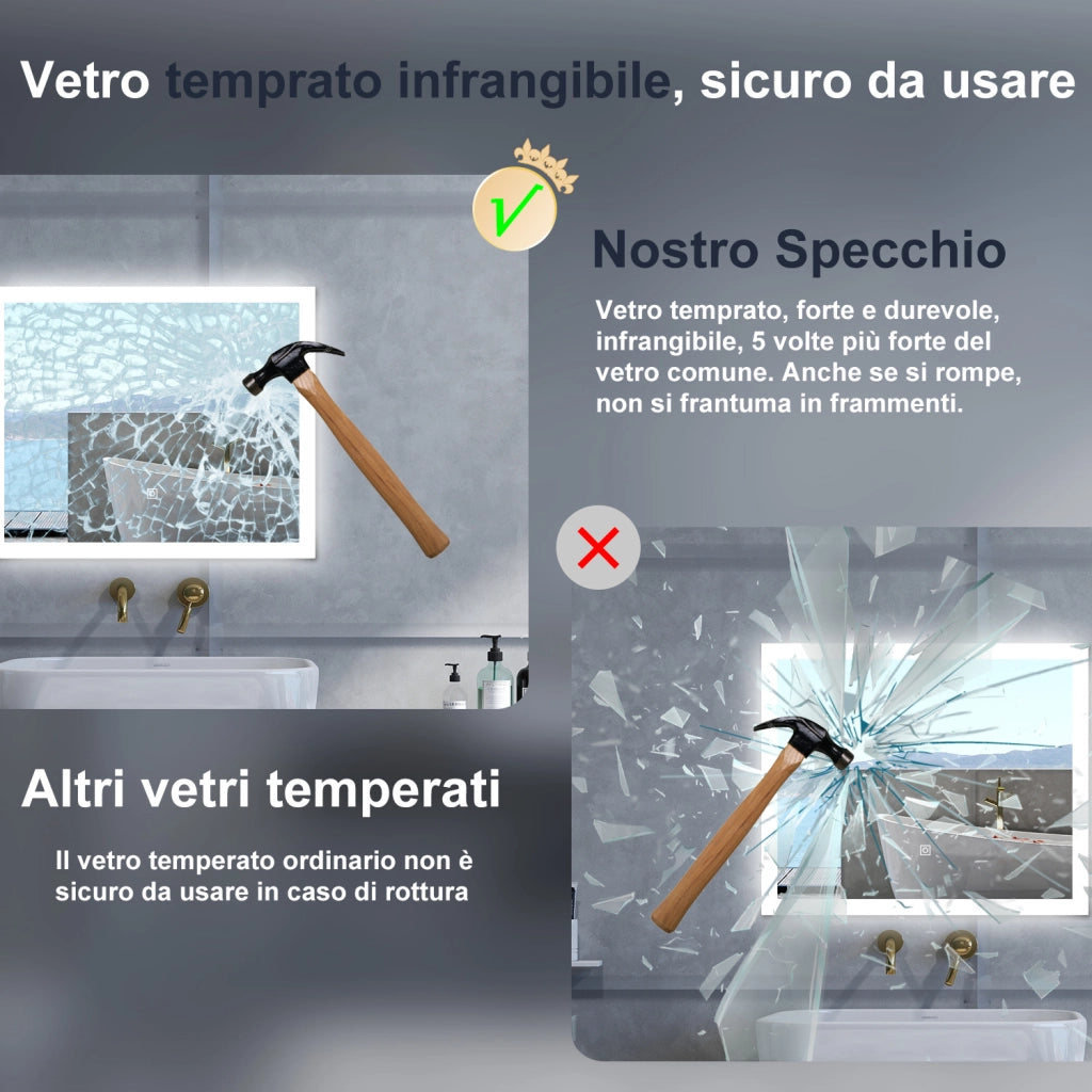 Specchio da bagno Rettangolare con 90x70cm,3 colori,Memoria, Antifog,Regorabile,Retroilluminato,doppio interruttore,