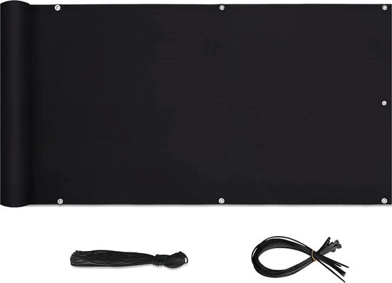 Schermo di privacy per balcone PES inondorziente, resistente al tempo e alla protezione contro vento per recinzione di giardino o balcone, protezione contro sguardi curiosi, con occhielli, cavi in nylon e corda, 0,9×6m nero