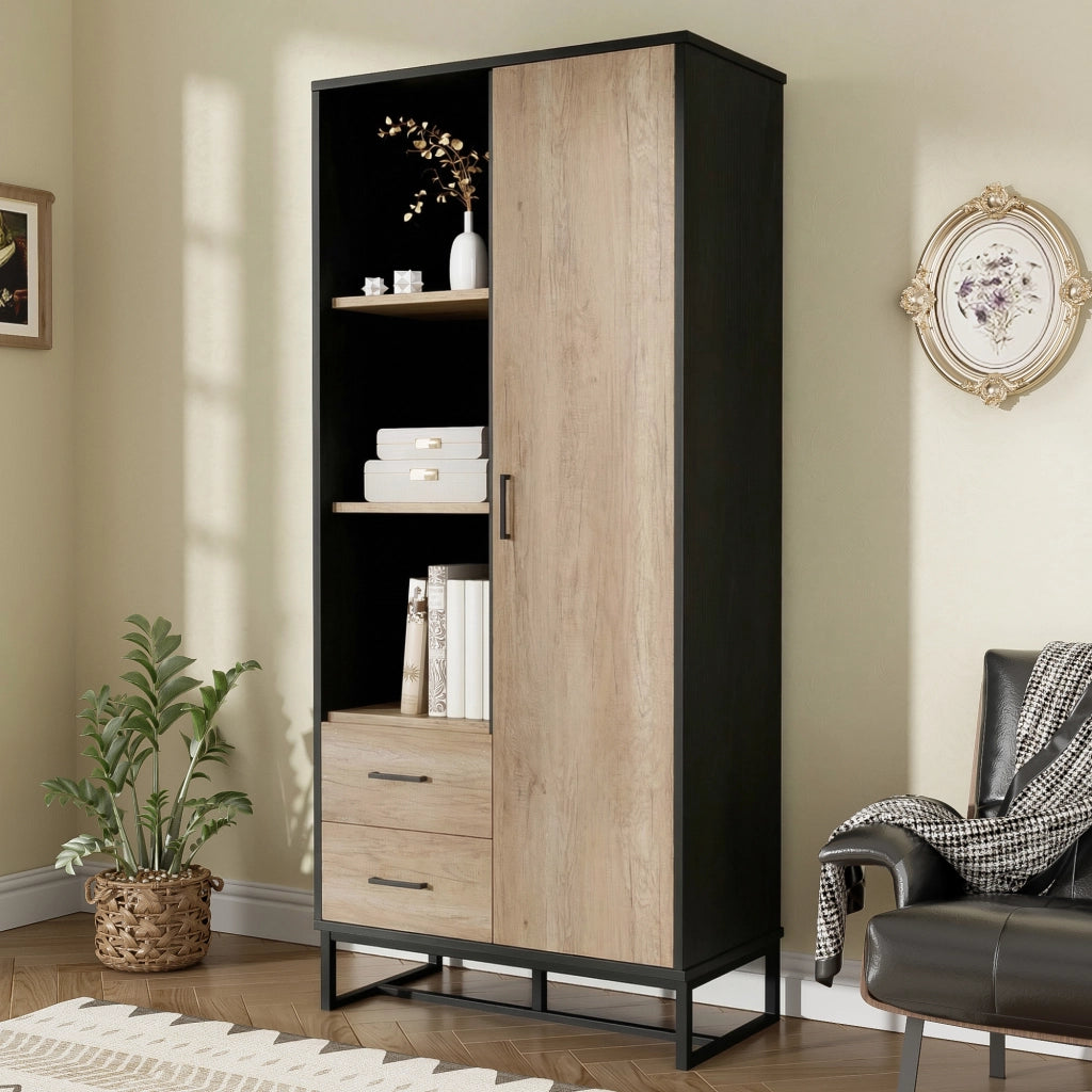 Armadio contenitore con 1 anta 2 cassetti e 3 vani aperti, per soggiorno ufficio e ingresso, 80 × 40 × 180 cm