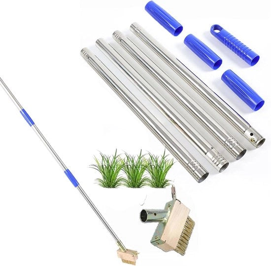 Bezombrato per giardino con filo robusto e setole rigide per la rimozione di erbacce, muschio e barriera antierosione - 2-in-1 spazzola per terrazza e giardino con lunga maniglia e setole rigide.