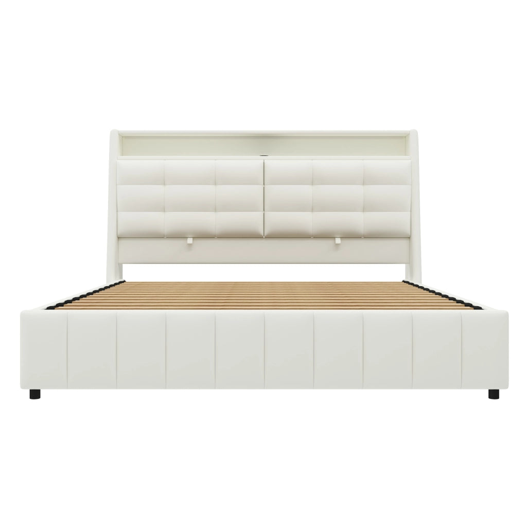 DESMIU Letto piattaforma 160 × 200 cm 2 posti con LED, USB e vano contenitore, senza materasso, in PU, bianco