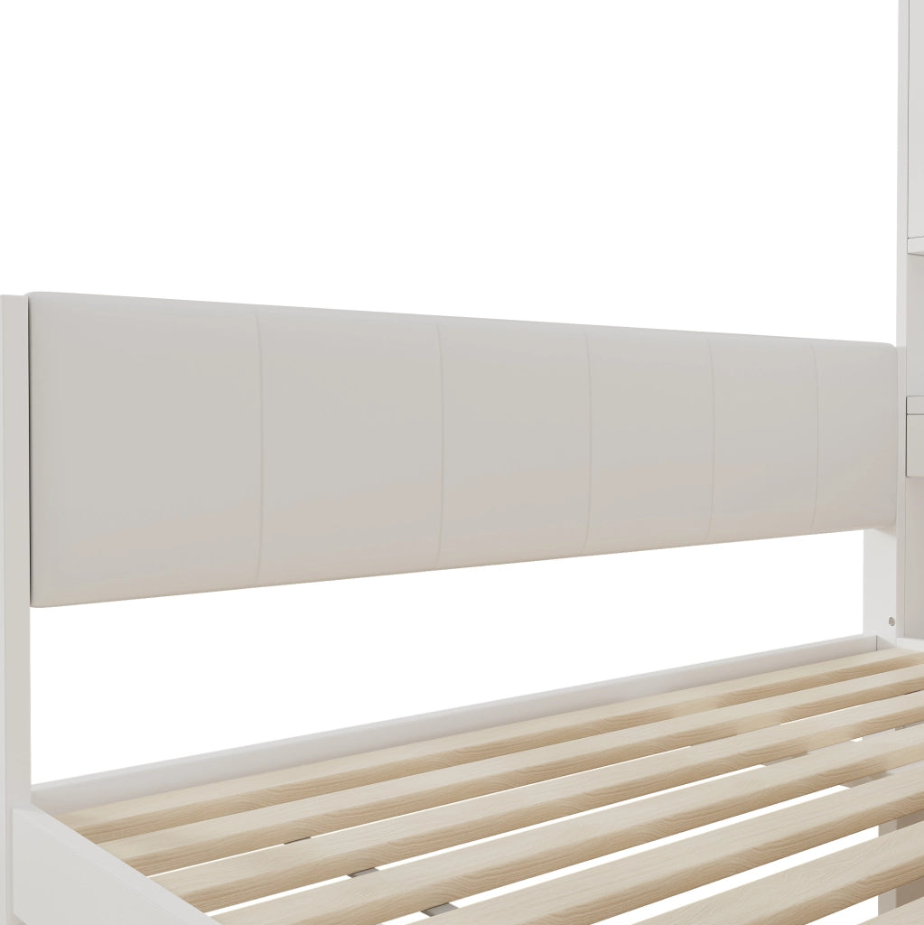 Letto contenitore 140x200 cm con LED; USB e USB-C; cassetti; ripiani e armadietti; bianco