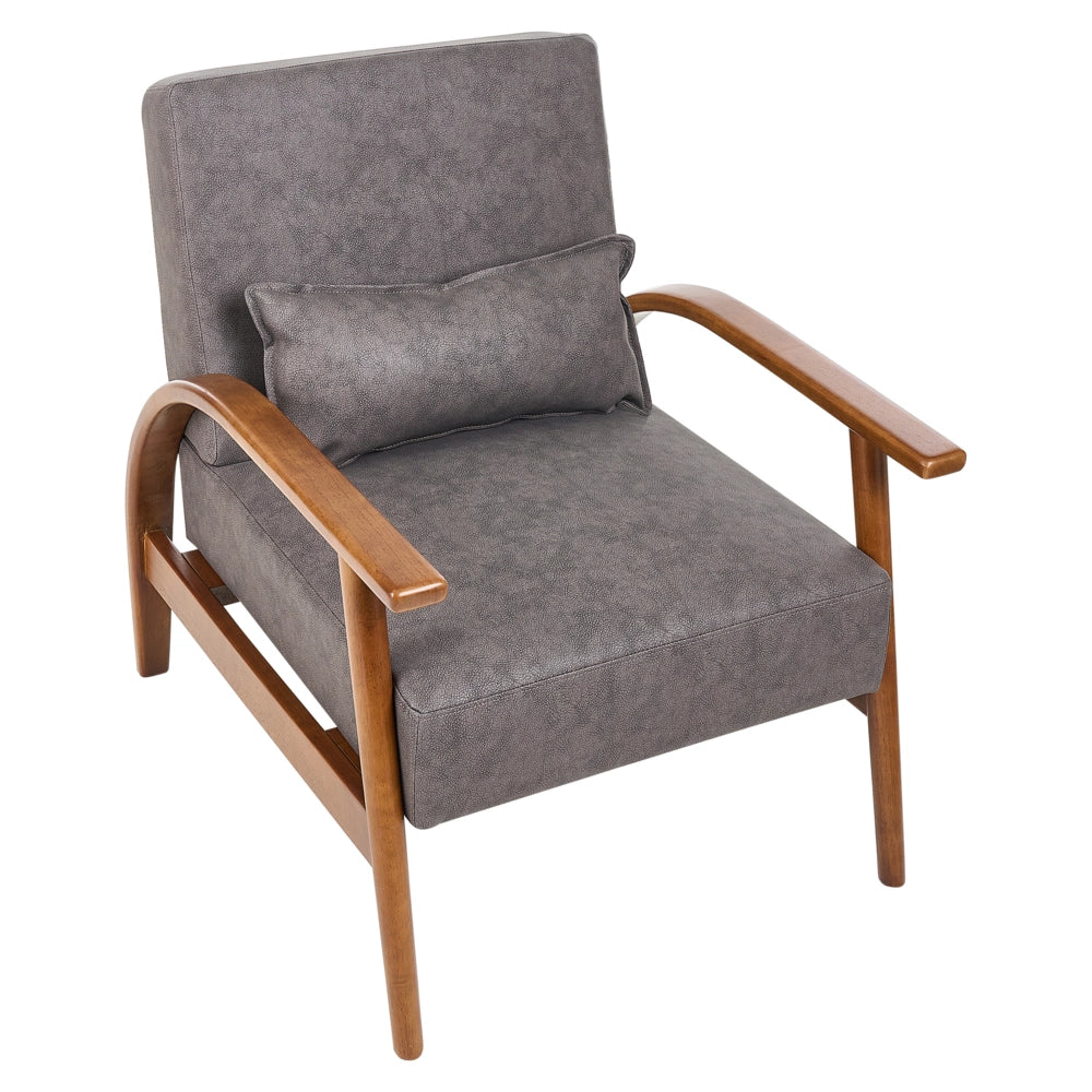 Poltrona marrone scuro in ecopelle con gambe in legno, braccioli e cuscino Retro Classico Soggiorno Tradizionale