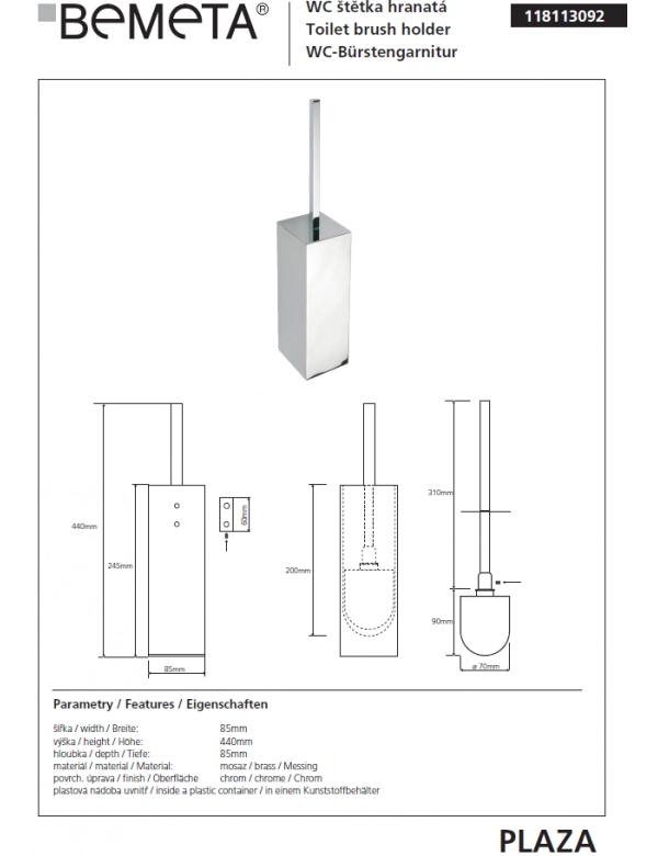 Scopino WC a muro PLAZA cromato 8,5x8,5x44,5 cm