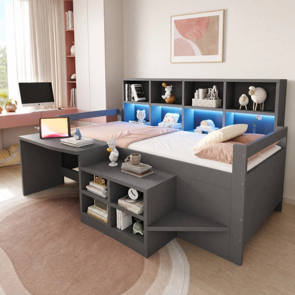Letto a soppalco 90×200 cm con scrivania; vani contenitore e presa USB; con LED; senza materasso; legno grigio