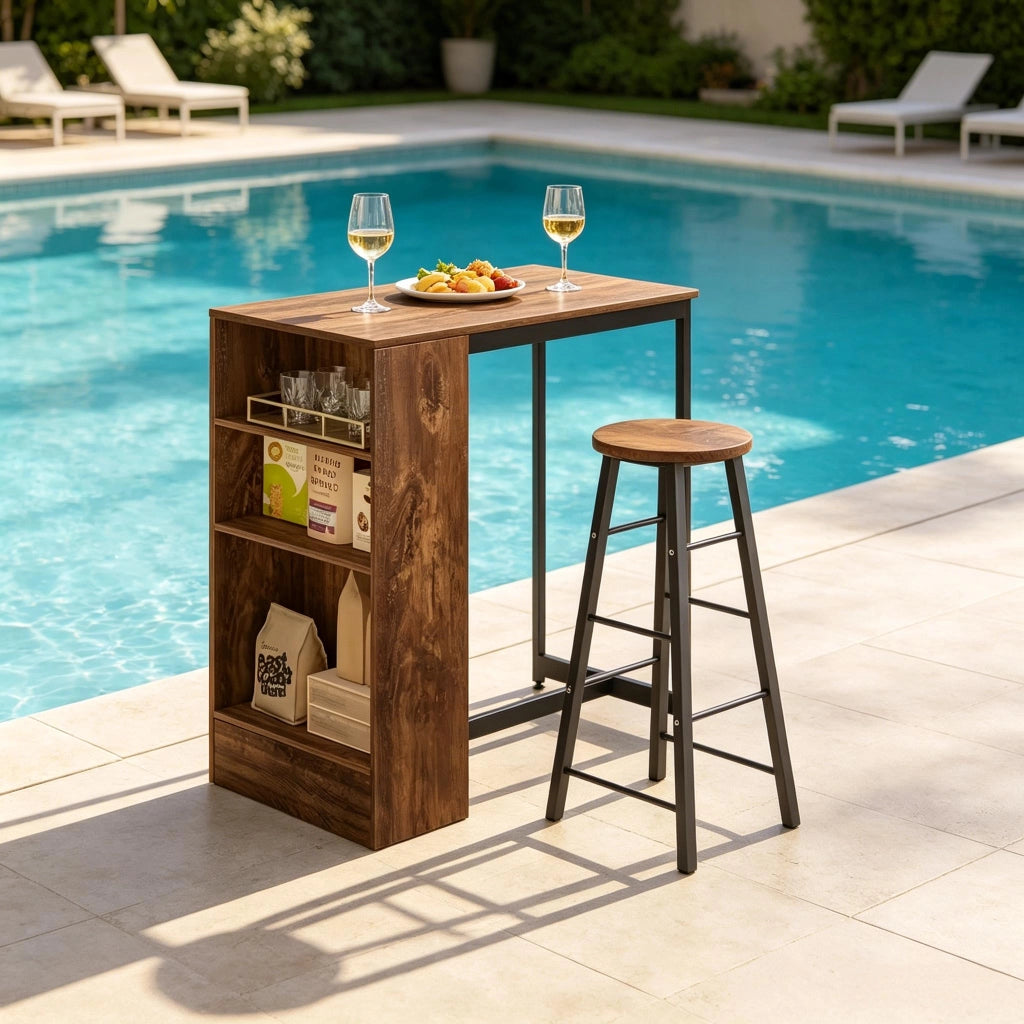 Tavolo da bar con scaffale per bottiglie e bicchieri, ripiani a 3 livelli, in truciolare e metallo, 91 × 49 × 91 cm