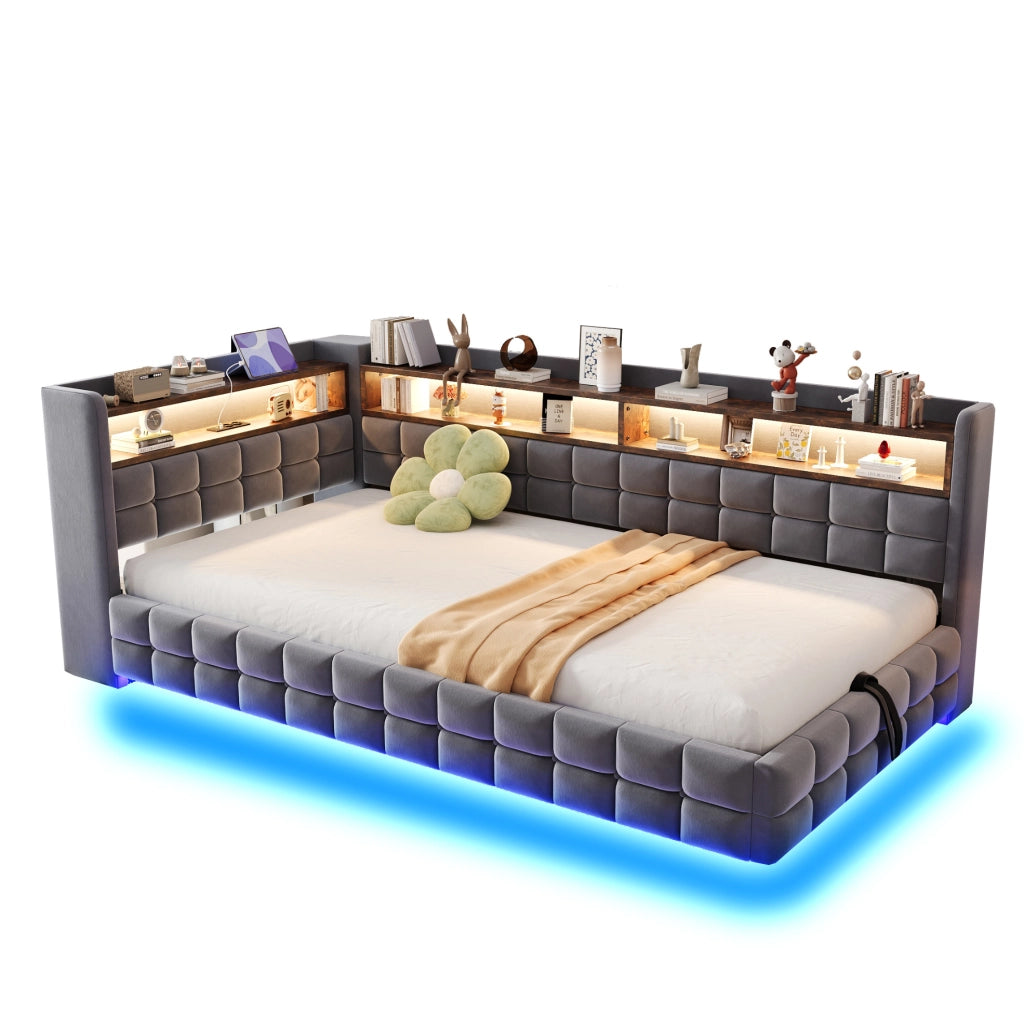 Divano letto imbottito 90x200 cm grigio con LED e ricarica USB