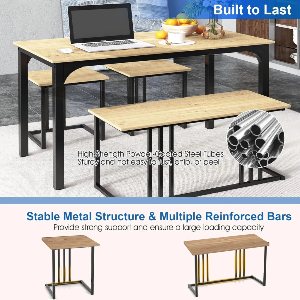Set tavolo e sedia da pranzo 4 pezzi, tavolo da cucina 4 persone 120 x 60 x 75 con 1 panca e 2 sgabelli, struttura in metallo, per sala da pranzo, soggiorno, caffè (naturale)