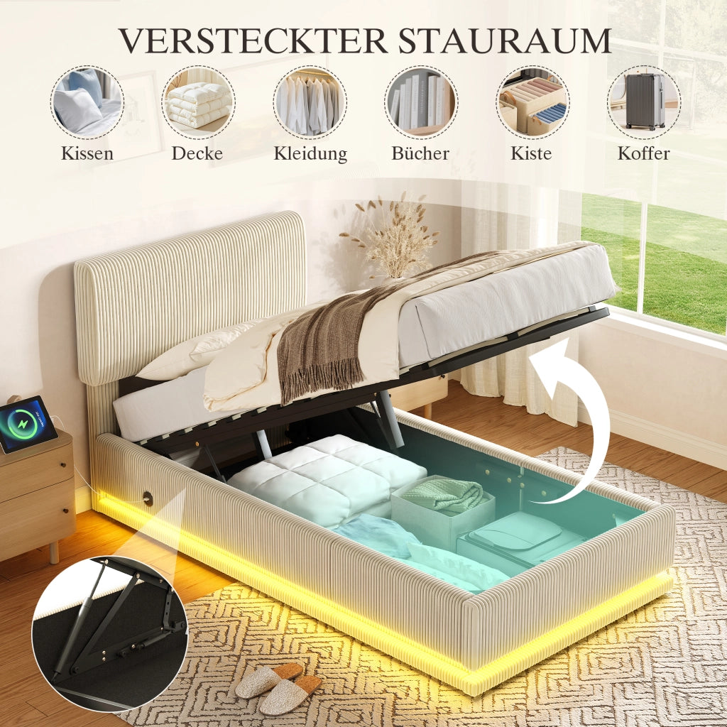 Letto imbottito con LED USB regolabile 90x200 cm velluto a coste beige