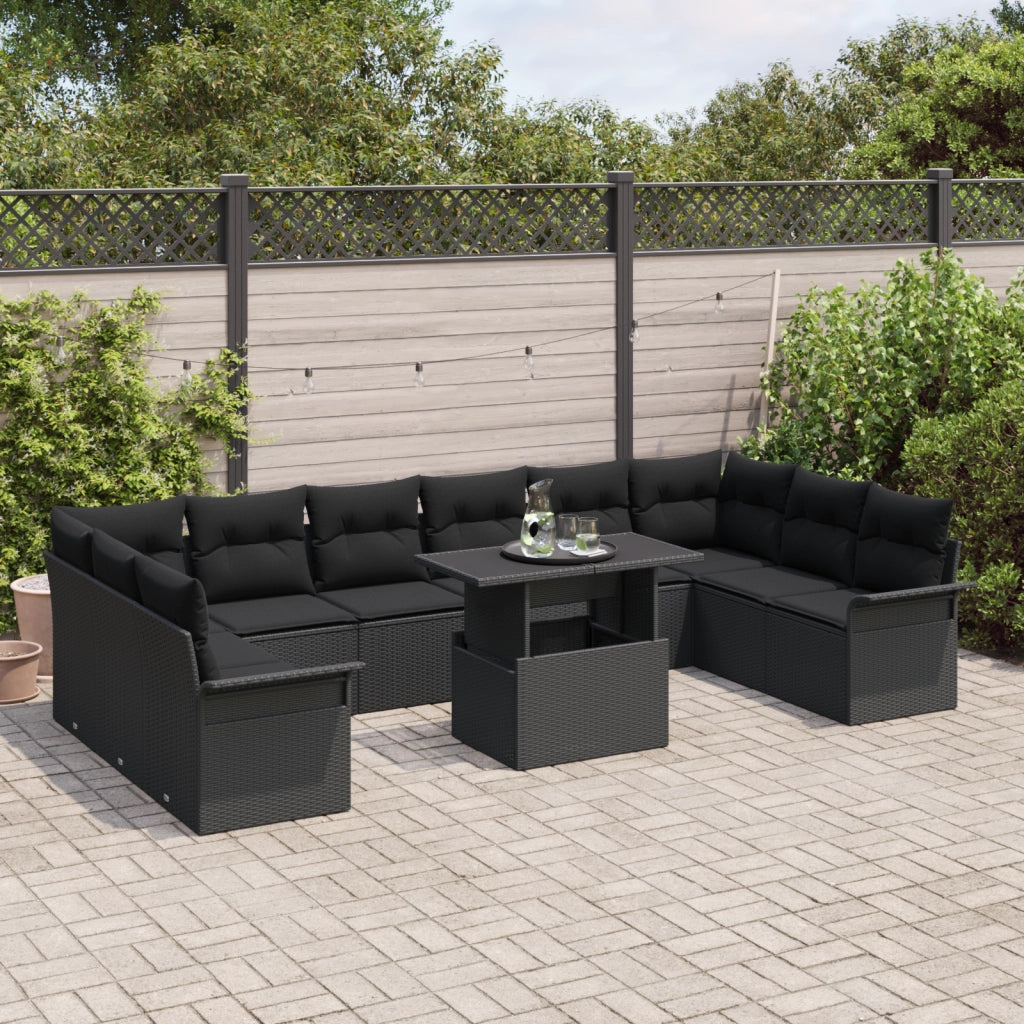 Set divano da giardino 11 pezzi con cuscini in rattan poly nero
