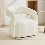 Poltrona girevole 360° in chenille bianca, design barrel con struttura in legno, seduta imbottita e portata 110 kg