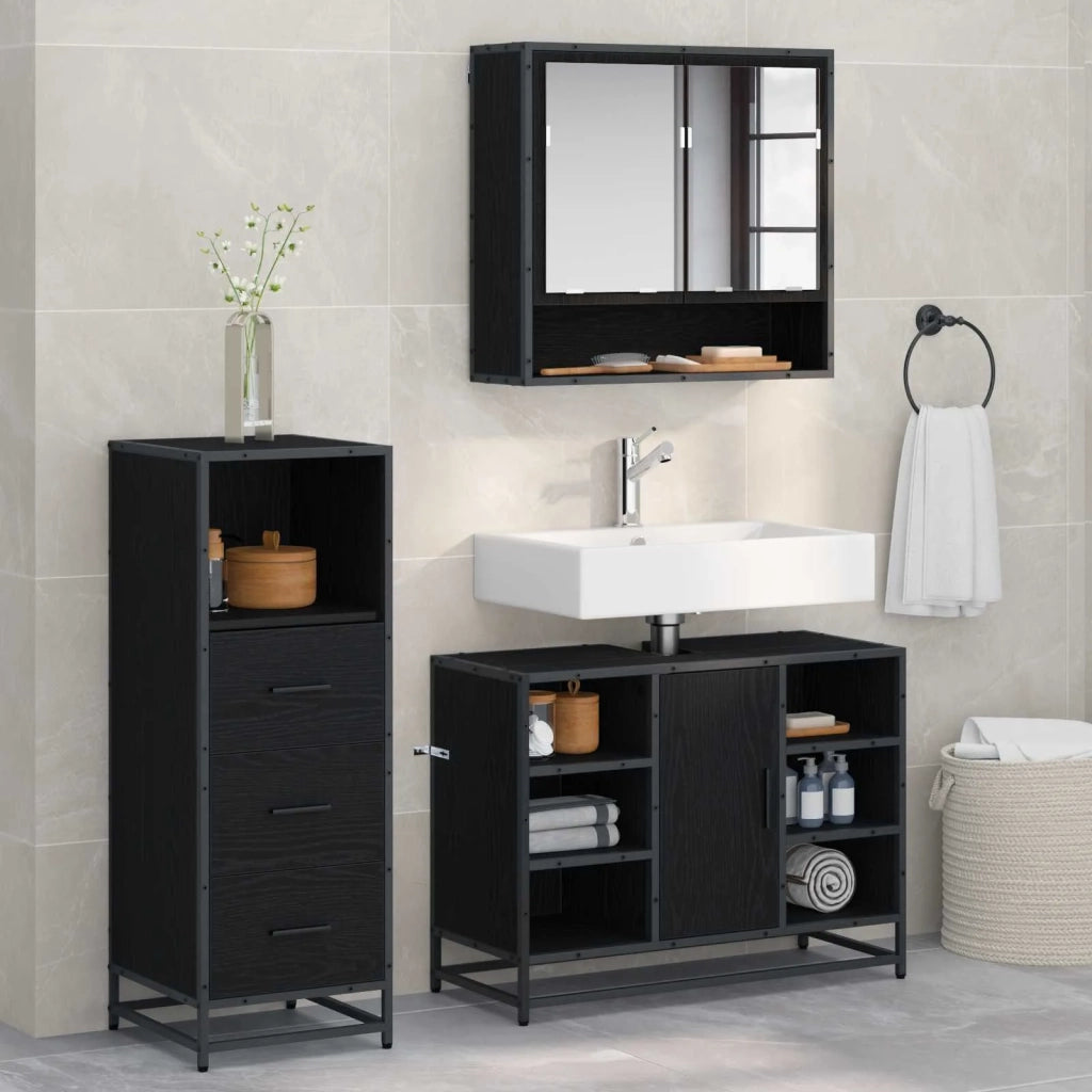 Set di mobili per il bagno 3 pcs Rovere Nero Legno multistrato