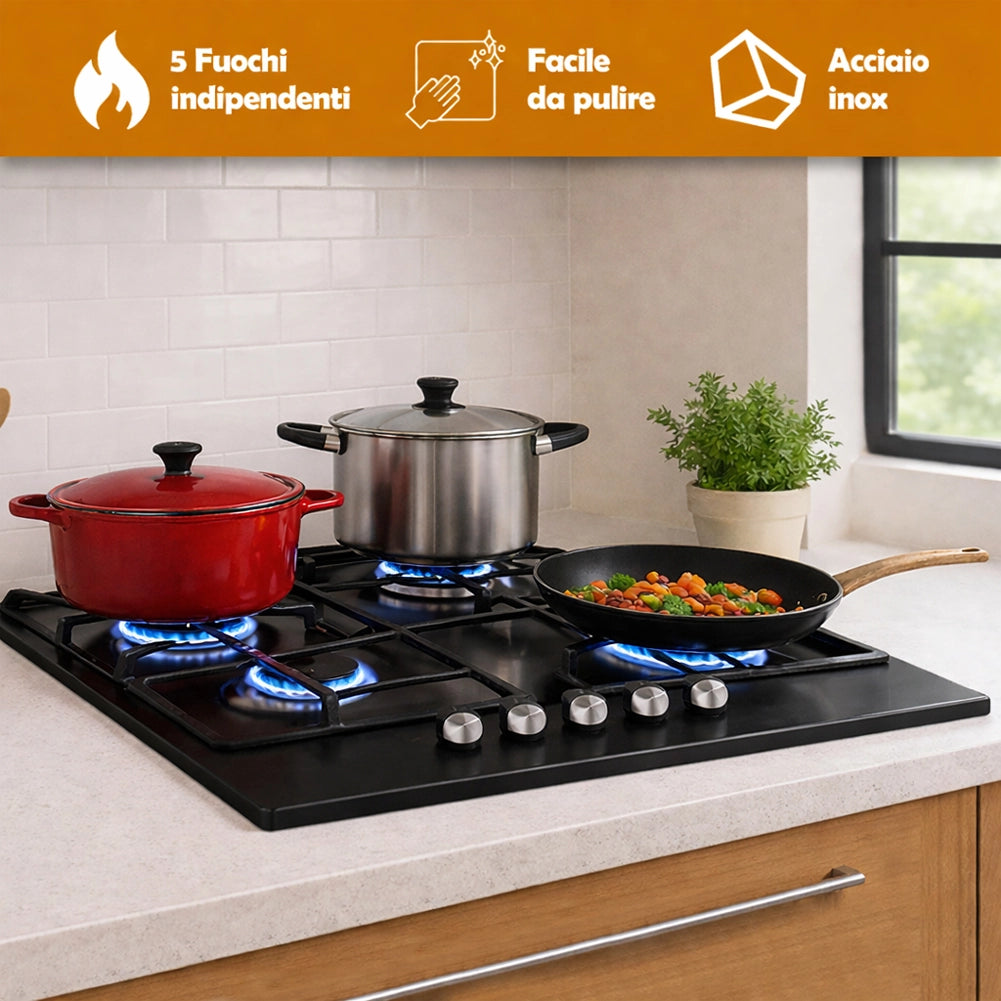 Piano Cottura 5 Fuochi Gas da Incasso 90x55cm in Acciaio Nero e Ghisa per Cucina