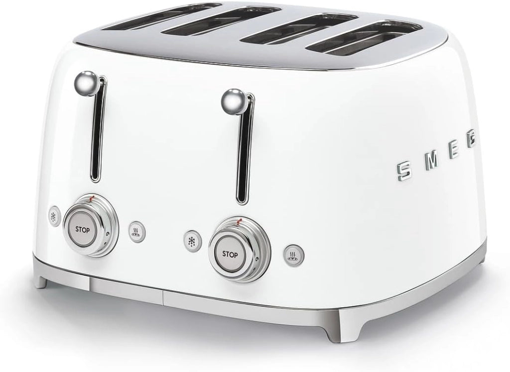 Smeg, tostapane 4x4 tsf03wheu, 4 scomparti per 4 fette, 6 livelli di doratura, funzione riscaldamento, scongelamento e bagel, espulsione automatica del pane, 2 cassetti raccoglibriciole, 2000w, bianco