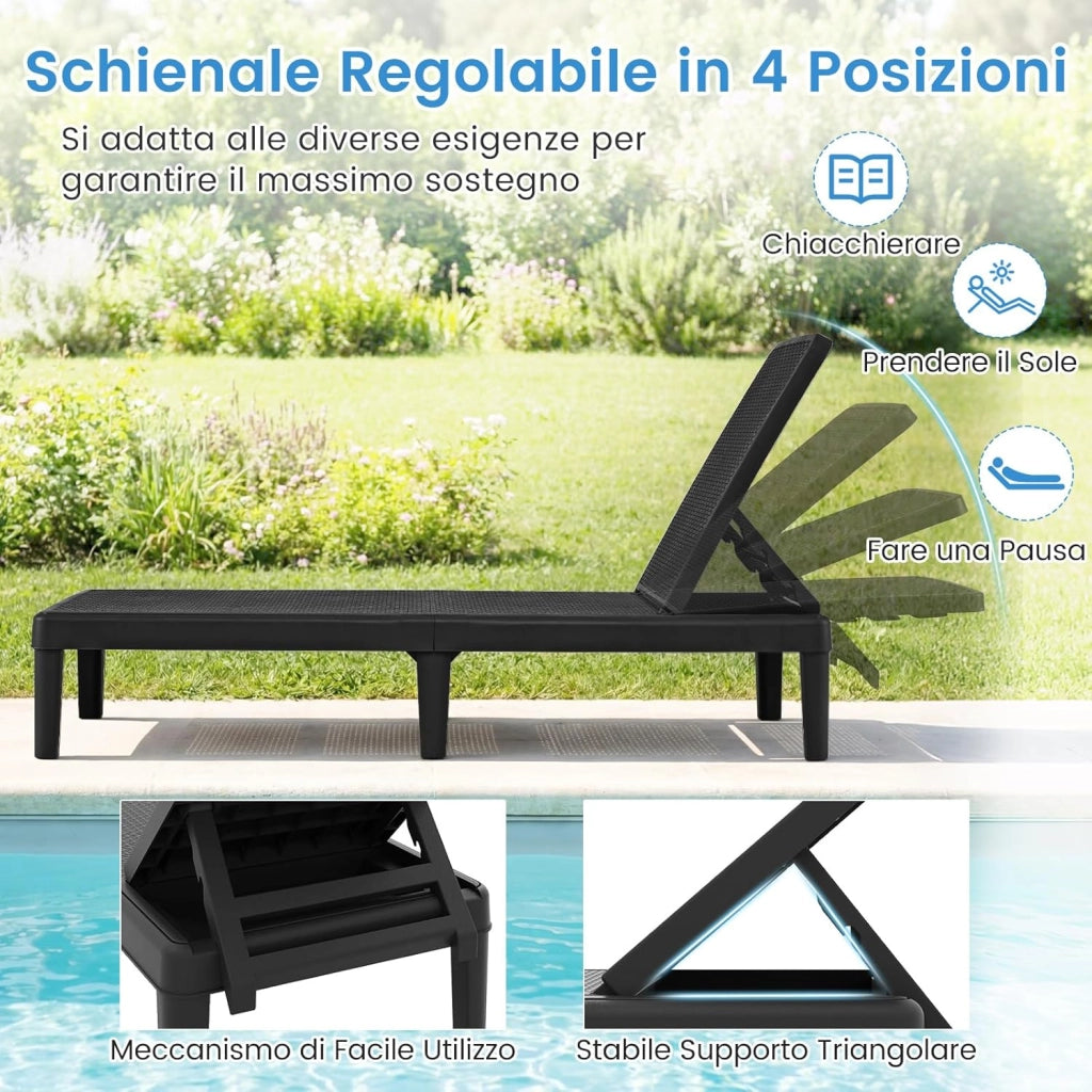 Lettino Prendisole da Giardino, Sdraio con Schienale Inclinabile a 4 Livelli, in PP Rattan, Resistente alle Intemperie, per Esterno, Terrazza, Balcone, Spiaggia e Mare, Portata 150 kg (Nero)
