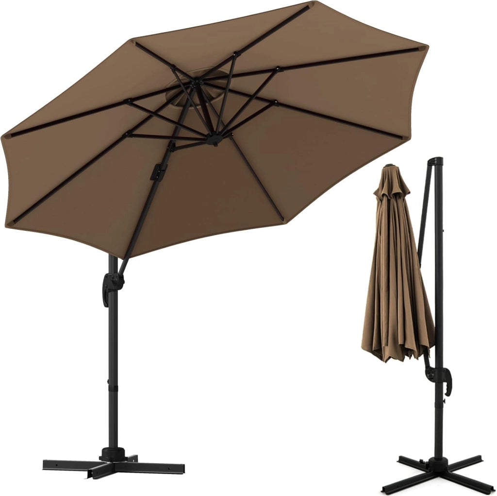 Ombrellone da Giardino 3m a 360° con 5 Angoli di Inclinazione Regolabili, Ombrellone Parasole da Balcone con Base a Croce, 8 Osse e Manovella, per Patio, Spiaggia, Piscina