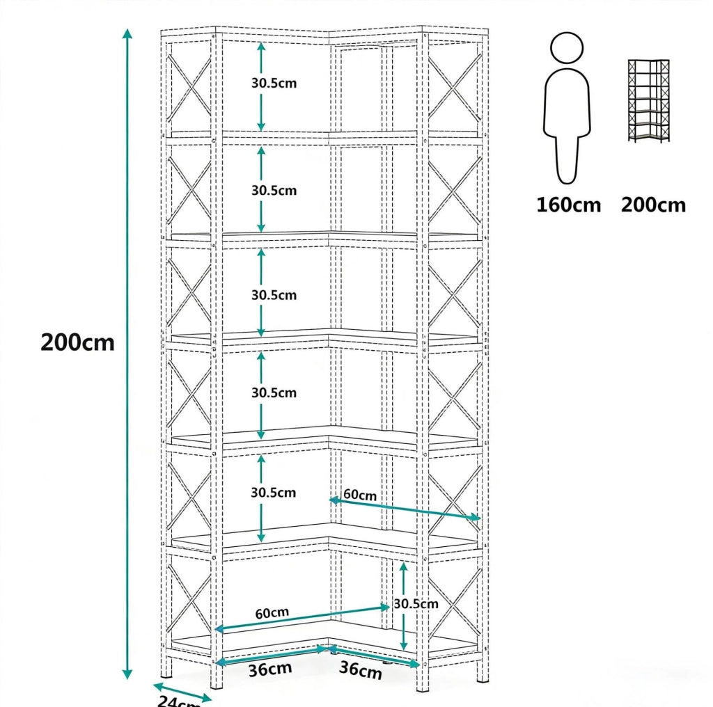 Scaffale angolare industriale a 7 ripiani con 14 vani